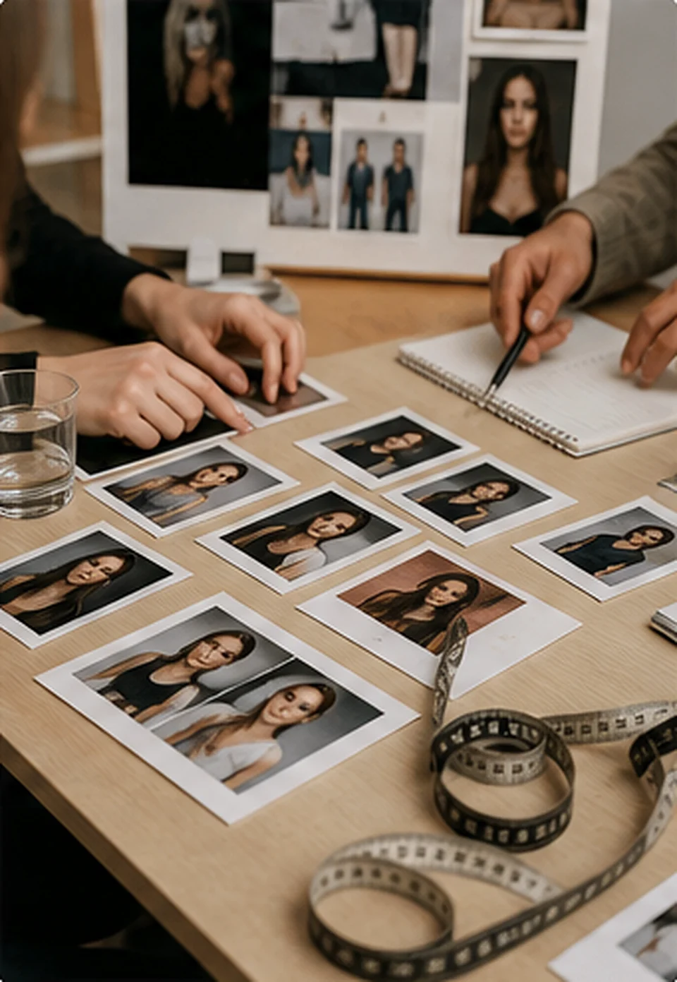 Stół castingowy z polaroidami kandydatek i miarką krawiecką