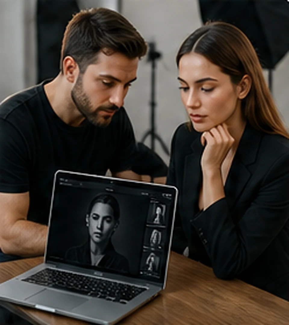 Fotograf i modelka oglądają ujęcia na laptopie